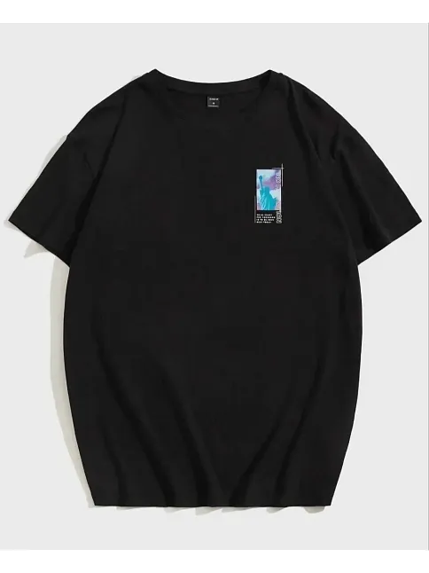 Kadın Baskılı T-shirt Kısa Kol Bisiklet Yaka Oversize Rahat Kalıp Tişört - Siyah