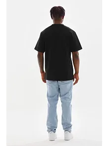 Erkek Baskılı T-shirt Kısa Kol Bisiklet Yaka Rahat Kalıp Tişört - Siyah