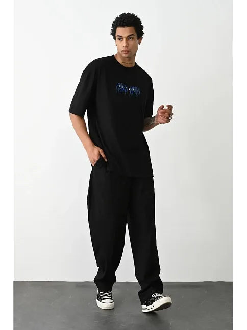 Erkek Baskılı Oversize  Kısa Kol T-shirt - Siyah