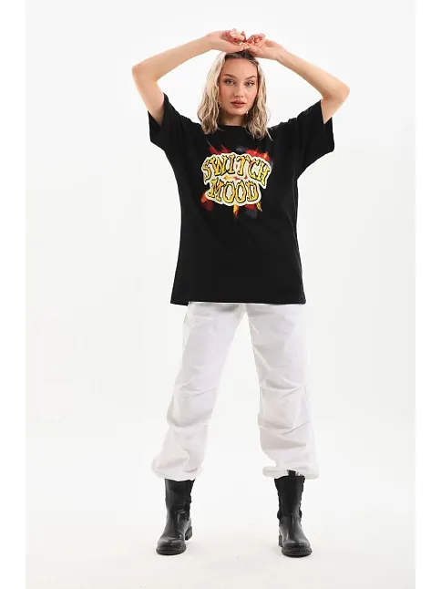 Kadın Kısa Kol Yazlık Tişört Bisiklet Yaka Ejderha Baskılı T-shirt - Siyah