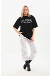 Kadın Baskılı Tişört Kısa Kol Bisiklet Yaka Oversize T-shirt - Siyah