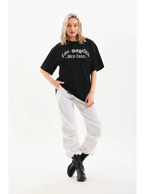 Kadın Baskılı Tişört Kısa Kol Bisiklet Yaka Oversize T-shirt - Siyah