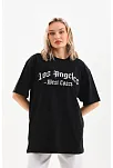 Kadın Baskılı Tişört Kısa Kol Bisiklet Yaka Oversize T-shirt - Siyah