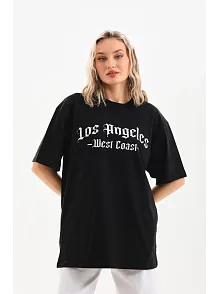 Kadın Baskılı Tişört Kısa Kol Bisiklet Yaka Oversize T-shirt - Siyah