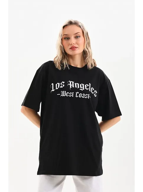 Kadın Baskılı Tişört Kısa Kol Bisiklet Yaka Oversize T-shirt - Siyah