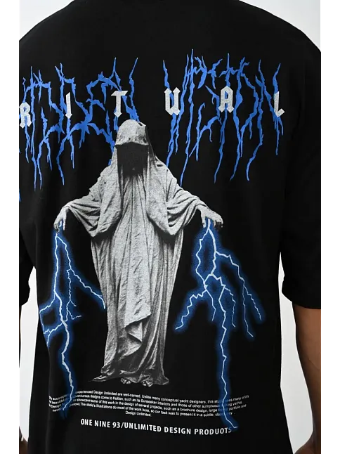 Erkek Baskılı Oversize  Kısa Kol T-shirt - Siyah