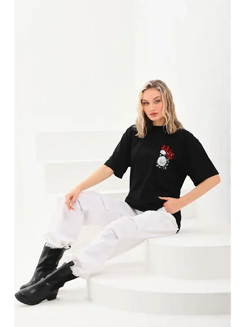 Kadın Kısa Kol Yazlık Tişört Bisiklet Yaka Baskılı Oversize T-shirt - Siyah