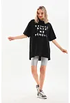 Kadın Kısa Kol Yazlık Tişört Bisiklet Yaka Baskılı Oversize T-shirt - Siyah
