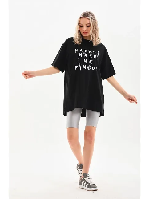 Kadın Kısa Kol Yazlık Tişört Bisiklet Yaka Baskılı Oversize T-shirt - Siyah