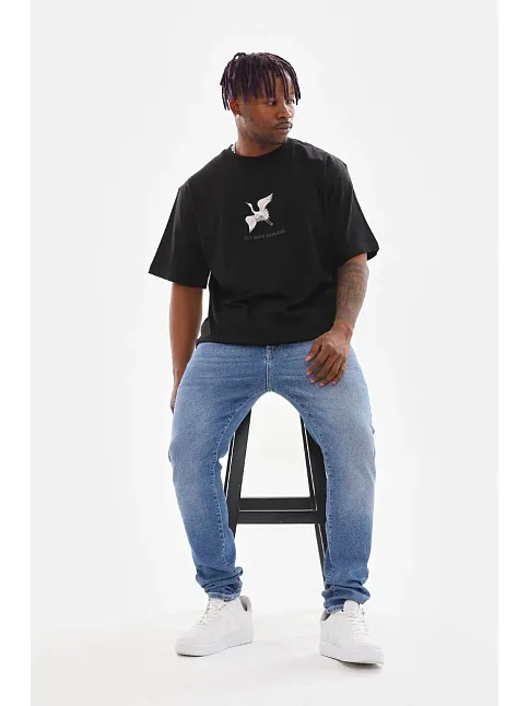 Erkek Baskılı T-shirt Yazlık Kısa Kol Bisiklet Yaka Tişört - Siyah