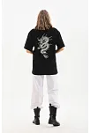 Kadın Kısa Kol Yazlık Tişört Bisiklet Yaka Ejderha Baskılı T-shirt - Siyah