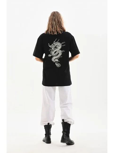 Kadın Kısa Kol Yazlık Tişört Bisiklet Yaka Ejderha Baskılı T-shirt - Siyah