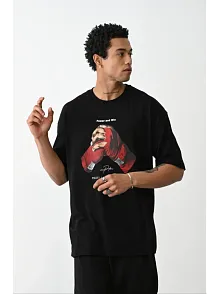 Erkek Boxy Eldiven Baskılı T-shirt Kısa Kol Bisiklet Yaka Tişört - Siyah
