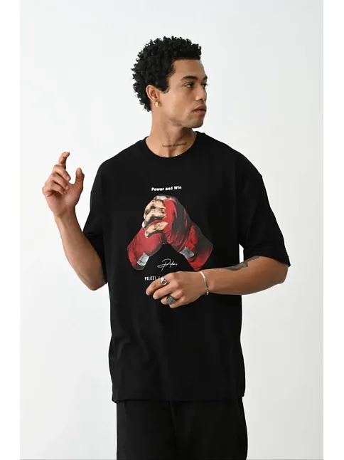 Erkek Boxy Eldiven Baskılı T-shirt Kısa Kol Bisiklet Yaka Tişört - Siyah