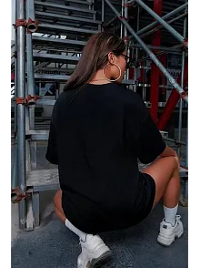 Kadın Baskılı T-shirt Kısa Kol Bisiklet Yaka Oversize Rahat Kalıp Tişört - Siyah