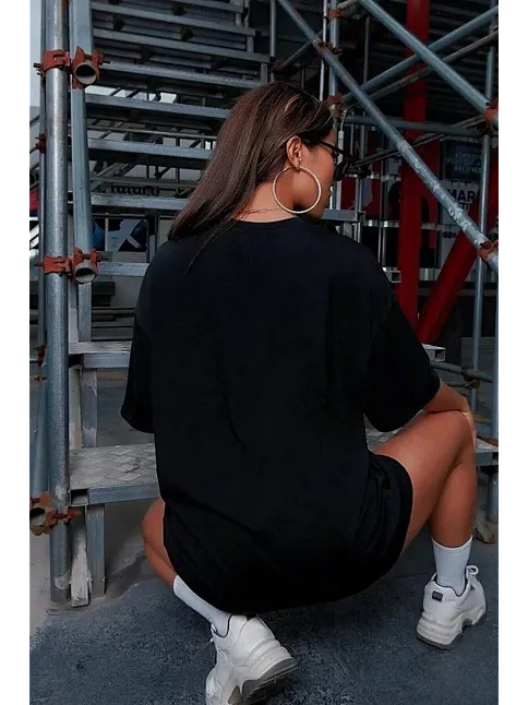 Kadın Baskılı T-shirt Kısa Kol Bisiklet Yaka Oversize Rahat Kalıp Tişört - Siyah