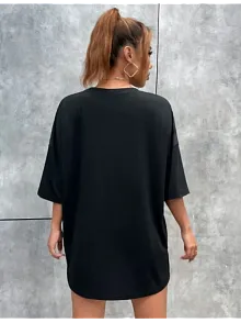 Kadın Kelebek Baskılı Oversize Kısa Kol T-shirt - Siyah