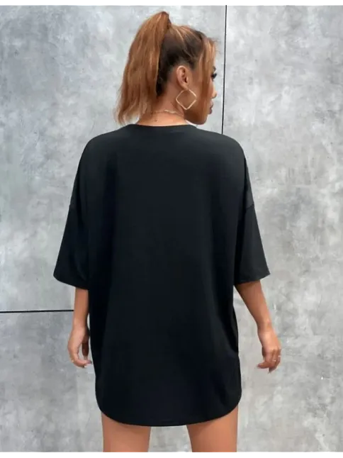 Kadın Kelebek Baskılı Oversize Kısa Kol T-shirt - Siyah