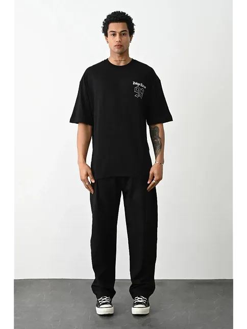 Erkek Kısa Kol Yazlık Tişört Bisiklet Yaka Baskılı Oversize T-shirt - Siyah