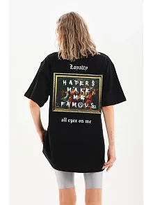 Kadın Kısa Kol Yazlık Tişört Bisiklet Yaka Baskılı Oversize T-shirt - Siyah
