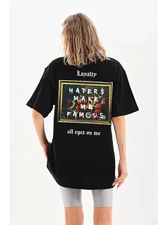 Kadın Kısa Kol Yazlık Tişört Bisiklet Yaka Baskılı Oversize T-shirt - Siyah