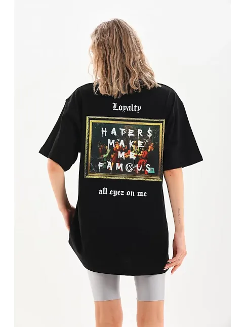 Kadın Kısa Kol Yazlık Tişört Bisiklet Yaka Baskılı Oversize T-shirt - Siyah