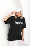 Kadın Kısa Kol Yazlık Tişört Bisiklet Yaka Baskılı Oversize T-shirt - Siyah