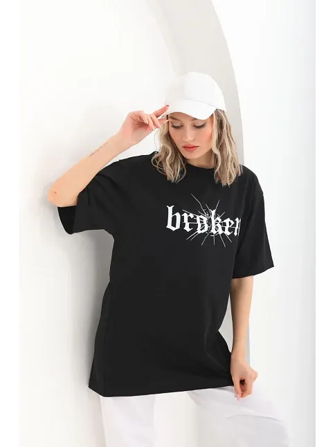 Kadın Kısa Kol Yazlık Tişört Bisiklet Yaka Baskılı Oversize T-shirt - Siyah