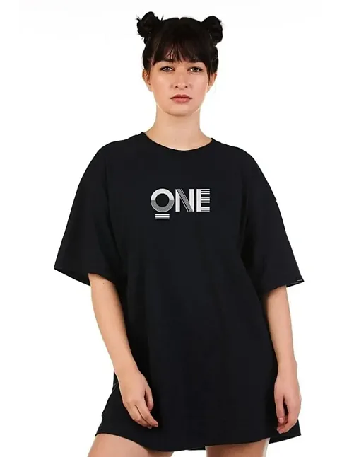 Kadın Baskılı T-shirt Kısa Kol Bisiklet Yaka Oversize Rahat Kalıp Tişört - Siyah
