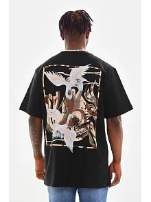 Erkek Baskılı T-shirt Yazlık Kısa Kol Bisiklet Yaka Tişört - Siyah