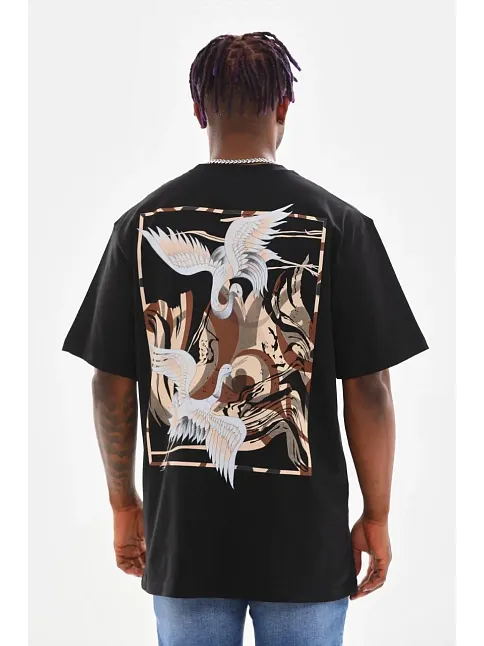 Erkek Baskılı T-shirt Yazlık Kısa Kol Bisiklet Yaka Tişört - Siyah