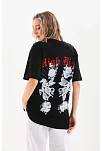 Kadın Kısa Kol Yazlık Tişört Bisiklet Yaka Baskılı Oversize T-shirt - Siyah