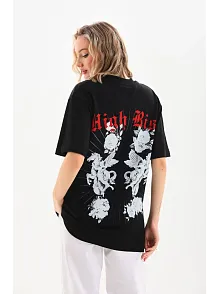 Kadın Kısa Kol Yazlık Tişört Bisiklet Yaka Baskılı Oversize T-shirt - Siyah