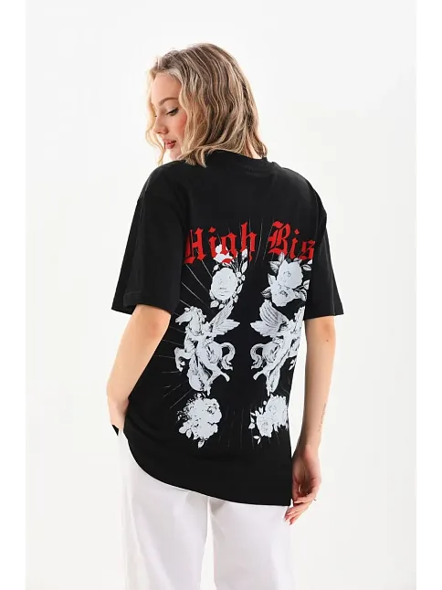 Kadın Kısa Kol Yazlık Tişört Bisiklet Yaka Baskılı Oversize T-shirt - Siyah