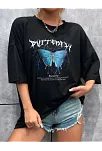 Kadın Kelebek Baskılı Oversize Kısa Kol T-shirt - Siyah
