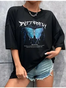 Kadın Kelebek Baskılı Oversize Kısa Kol T-shirt - Siyah