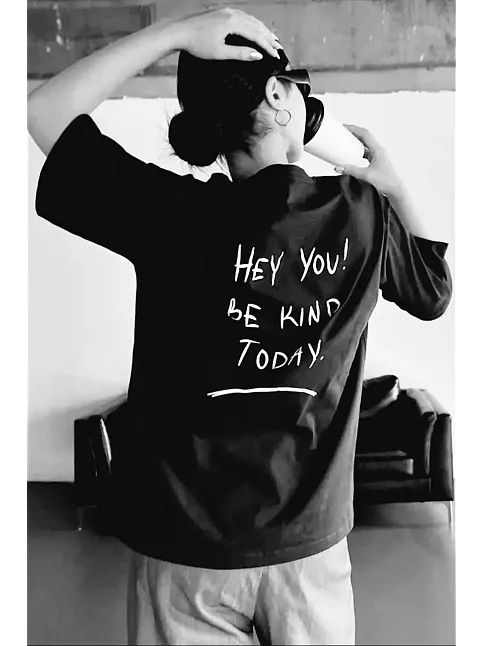 Kadın Baskılı T-shirt Kısa Kol Bisiklet Yaka Oversize Rahat Kalıp Tişört T-shirt - Siyah