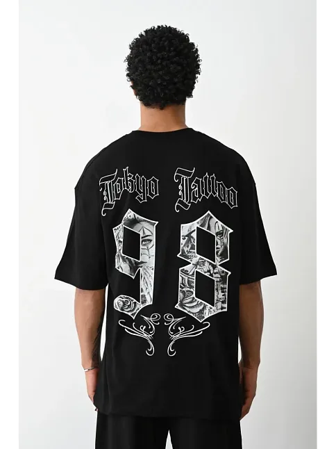 Erkek Kısa Kol Yazlık Tişört Bisiklet Yaka Baskılı Oversize T-shirt - Siyah