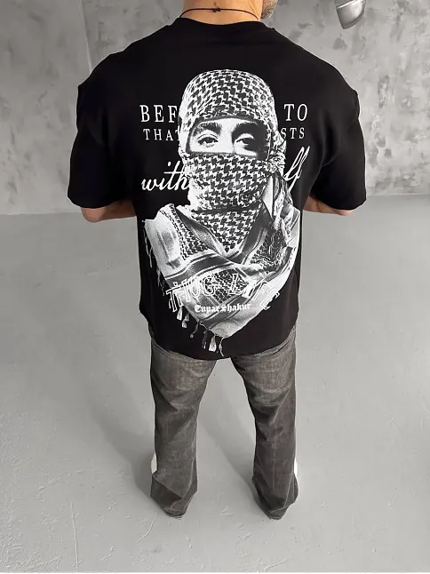 Erkek Kısa Kol Tişört Bisiklet Yaka Filistin Poşulu Baskılı T-shirt - Siyah