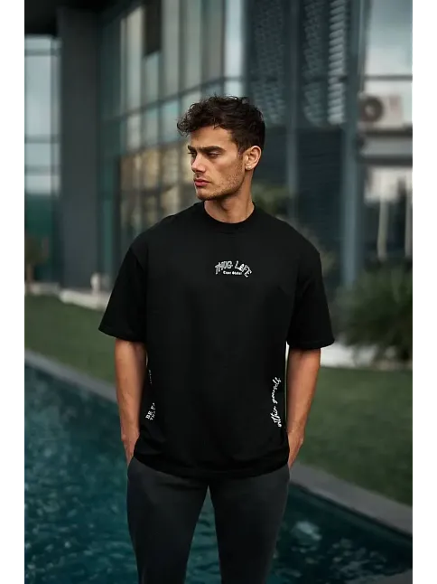 Erkek Kısa Kol Tişört Bisiklet Yaka Filistin Poşulu Baskılı T-shirt - Siyah