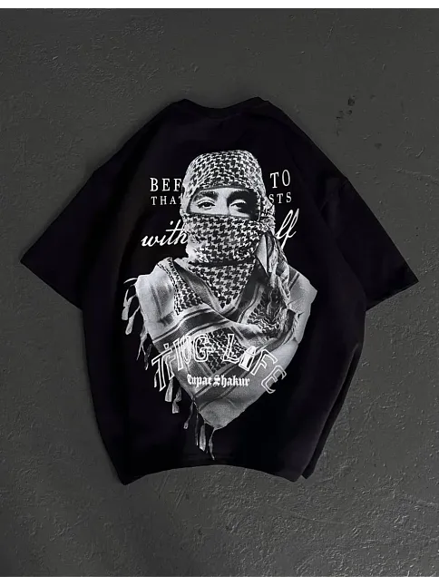 Erkek Kısa Kol Tişört Bisiklet Yaka Filistin Poşulu Baskılı T-shirt - Siyah