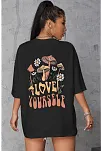 Kadın Baskılı Oversize Kısa Kol T-shirt - Siyah