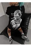 Kadın Kısa Kol Tişört Bisiklet Yaka Filistin Poşülü Baskılı T-shirt - Siyah