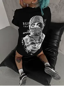 Kadın Kısa Kol Tişört Bisiklet Yaka Filistin Poşülü Baskılı T-shirt - Siyah