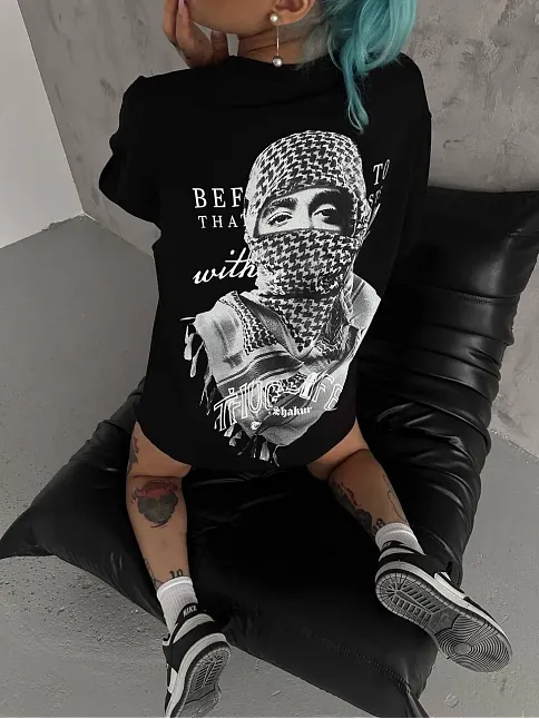 Kadın Kısa Kol Tişört Bisiklet Yaka Filistin Poşülü Baskılı T-shirt - Siyah