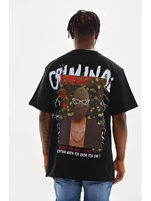 Erkek Baskılı T-shirt Kısa Kol Bisiklet Yaka Rahat Kalıp Tişört  - Siyah