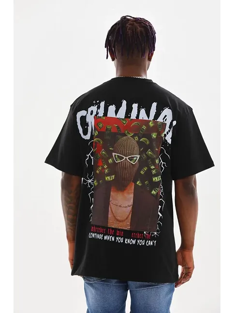 Erkek Baskılı T-shirt Kısa Kol Bisiklet Yaka Rahat Kalıp Tişört  - Siyah