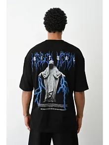 Erkek Baskılı Oversize  Kısa Kol T-shirt - Siyah