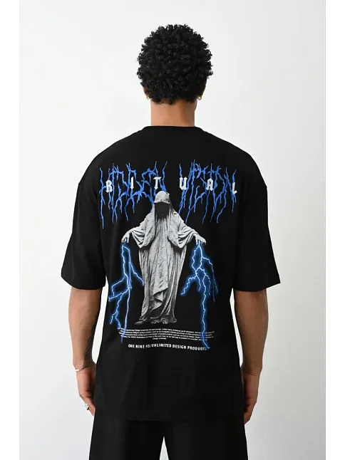 Erkek Baskılı Oversize  Kısa Kol T-shirt - Siyah