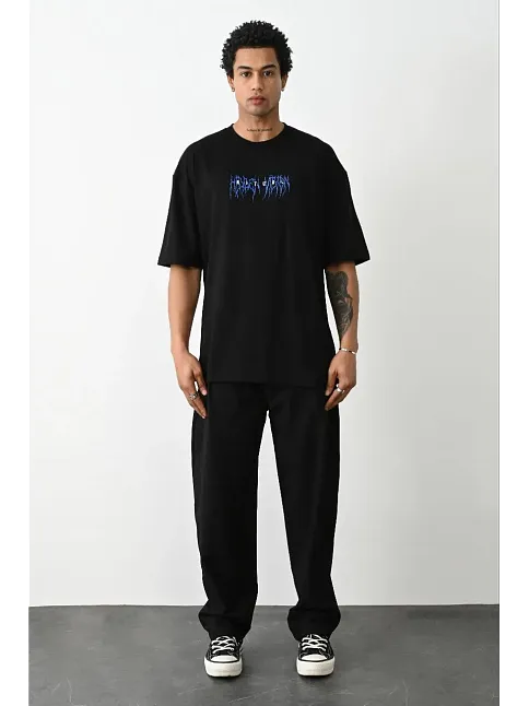 Erkek Baskılı Oversize  Kısa Kol T-shirt - Siyah